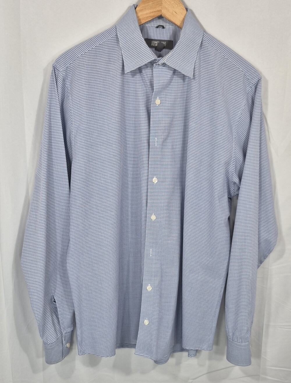 Kenneth Cole Reaction Mens Large 16.5 34/35 Slim Fit Blue White Check Dress Shir